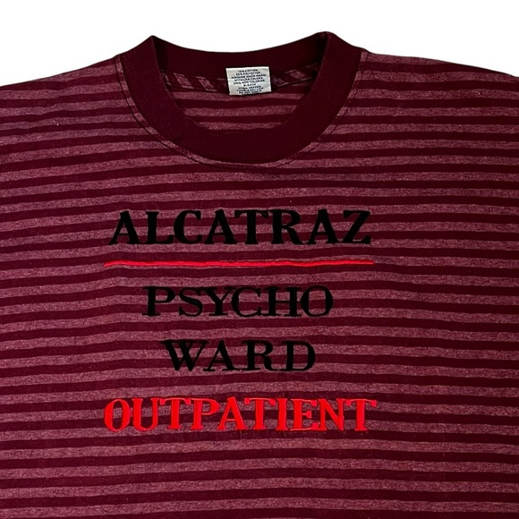 Vintage Alcatraz T-Shirt Embroidered Psycho Ward Outpatient Striped Red Large - Picture 1 of 5